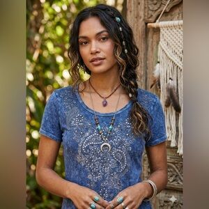 VTG Vocal Floral Paisley Embellished Acid Wash Shirt Womens Blue Y2K Small